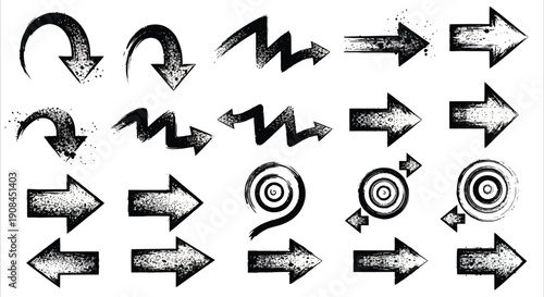 Group of dark textured arrows displaying zigzag motion, spirals, and pointing right or down with heavy brush strokes.