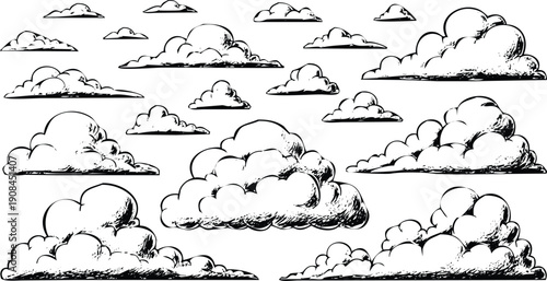 A serene sky filled with a variety of fluffy, white clouds floating above the horizon. Vector