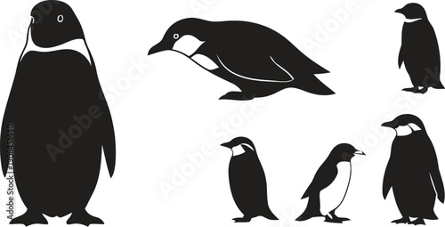 Silhouettes of penguins in various poses and sizes