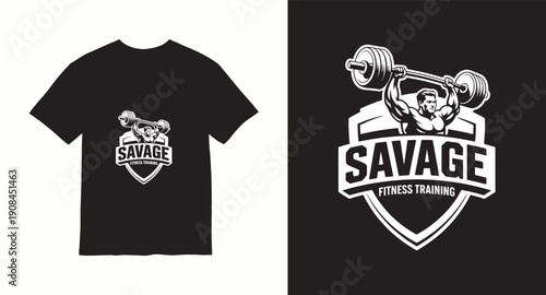 Savage fitness training logo t-shirt design with muscular bodybuilder lifting barbell shield emblem for bodybuilding gym