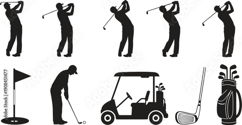 Golfers in action with golf cart and equipment silhouettes