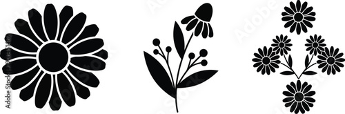 Collection of three stylized black silhouette floral elements including daisies and budding stems isolated on white.