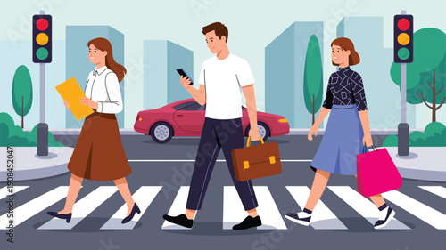 people crossing street at pedestrian crosswalk with traffic lights, urban city lifestyle and daily commute concept illustration