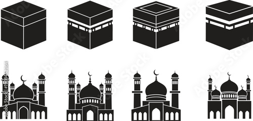 Islamic architecture symbols Kaaba and mosque silhouettes