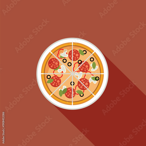 Sliced pepperoni pizza meal in flat style isolated on red background