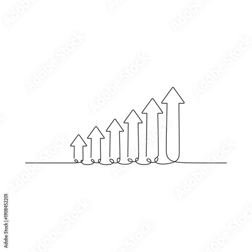 A continuous line drawing depicts progressively taller arrows symbolizing growth and upward trend