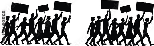Protest crowd silhouettes marching with banners, demonstration people walking together, social movement activism concept, public rally, isolated black vector illustration