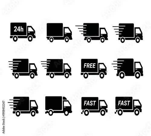Black silhouette icons representing delivery trucks with varying speed and time labels high quality professional detailed