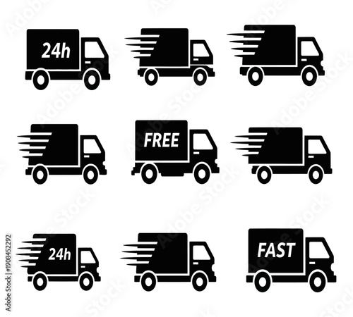 A collection of black delivery truck icons with speed lines and text indicators high quality professional
