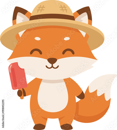 Cute cartoon fox character with a popsicle and a straw hat