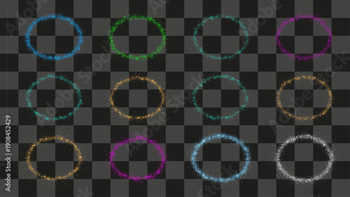 Sparkle Circles Twelve magical luminous particle frames in various glowing neon colors on transparent background.