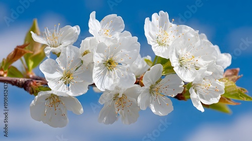 Delicate White Cherry Blossoms Bloom Against a Vibrant Blue Sky.