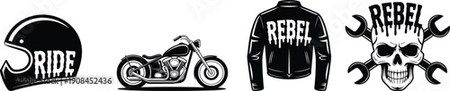 Motorcycle culture illustration collection, biker lifestyle artwork, rebellious freedom design, skull and wrench emblem, classic cruiser motorcycle graphic