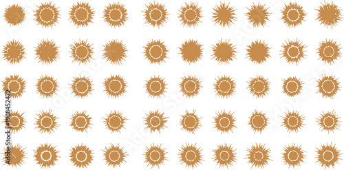 Brown suns with spiky lines on white background for graphic design elements and patterns
