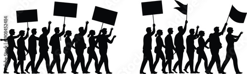 Protest crowd silhouettes marching with banners and flags, people walking together demonstration concept, social movement activism, public rally vector