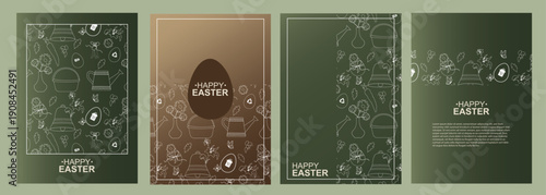 Elegant Green Easter Greeting Card Set. green Easter card templates with hand-drawn spring icons, ideal for seasonal greeting cards, invitations, and social media banners. Vector illustration