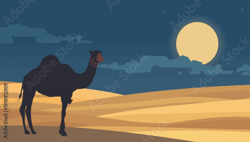 Vector template collection set featuring a serene desert landscape with a prominent camel silhouette in the foreground, set against a vibrant night sky