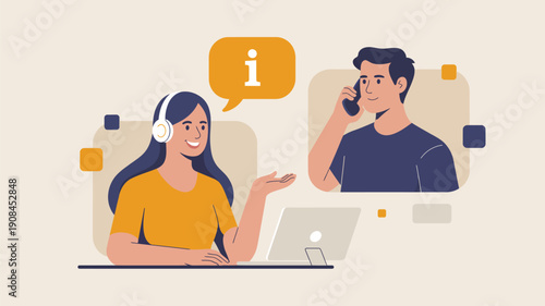 customer support communication concept with information icon, online help service and business assistance illustration showing people interaction