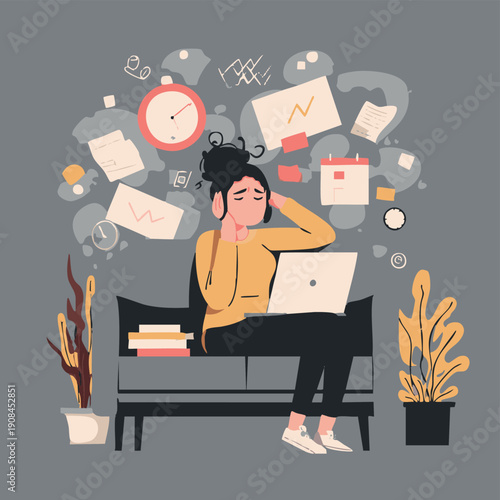 Remote Work Burnout and Mental Overload Illustration