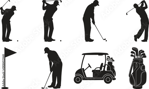 Golfers in action with golf cart and equipment silhouettes