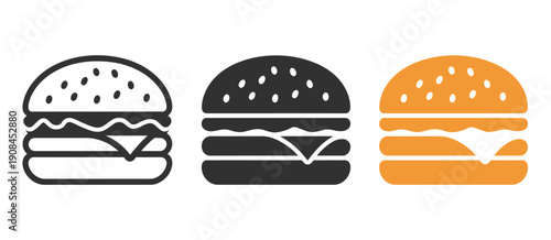 hamburger icon variations, outline solid black and orange color styles, fast food symbol set, burger icons for restaurant menu design, UI app elements, modern food illustration, snack and meal graphic