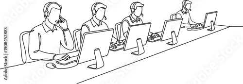 Call Center Team Line Art, Customer Support Agents with Headsets Working at Computers