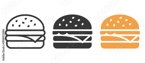 hamburger icon variations, outline solid black and orange color styles, fast food symbol set, burger icons for restaurant menu design, UI app elements, modern food illustration, snack and meal graphic