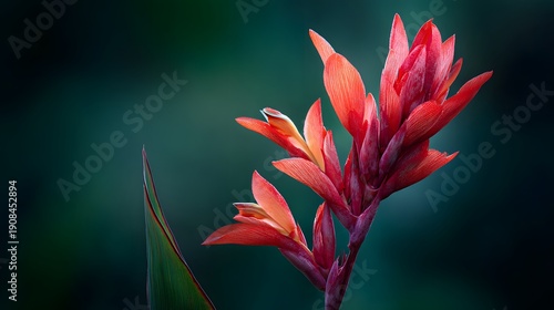 Vibrant Red Canna Lily Flower Blooming in Soft Focus Green Garden.