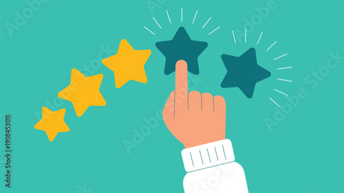 hand selecting star rating for customer feedback, review and satisfaction concept illustration showing quality evaluation and user experience