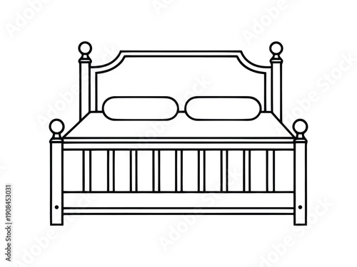 Elegant outline drawing of a classic wooden bed with headboard and pillows, for interior design