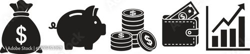 Financial growth icons set with money and wallet