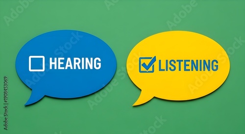Communication Skills Concept: Blue speech bubble for hearing and yellow for listening with checkmark, psychology, effective dialogue, empathy and relationship concept