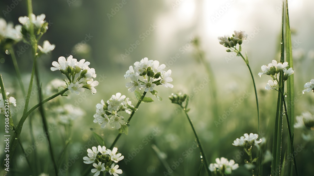Fototapeta premium Soft Focus Meadow with Delicate White Wildflowers in Morning Light.