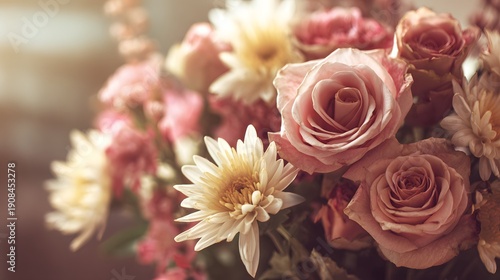 Soft Focus Vintage Rose and Chrysanthemum Bouquet Close-Up.