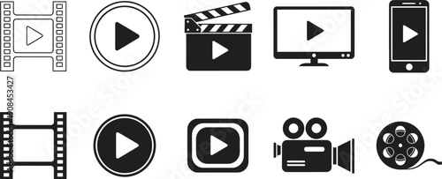 Black play button icons for video and film production
