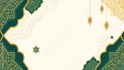 Vector illustration of a Ramadhan background featuring a flat design style with minimalist shapes and bold lines, incorporating traditional Islamic geometric 