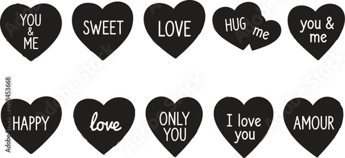 Black heart shapes with romantic phrases for Valentine's Day