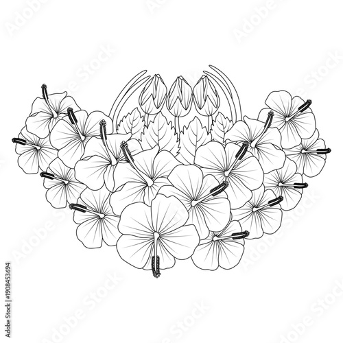 chinese hibiscus flower hand drawn coloring page illustration with line art on isolated background