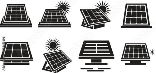 Solar panel icons with sun symbols for renewable energy concepts