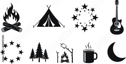 Black and white camping including fire, tent, stars, guitar, trees, marshmallows, coffee, and moon