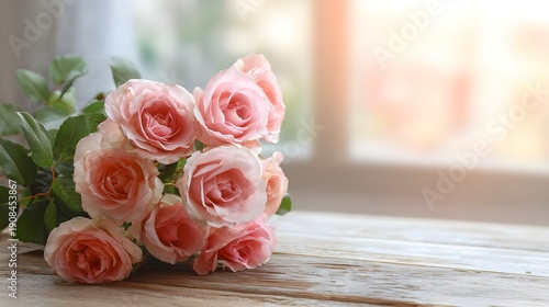 A Beautiful Bouquet of Pink Roses on a Wooden Table.