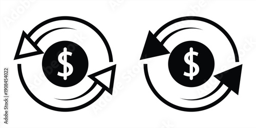 Modern flat and line art icon set featuring dollar currency symbol with circular arrows for financial exchange concept. Vector illustration