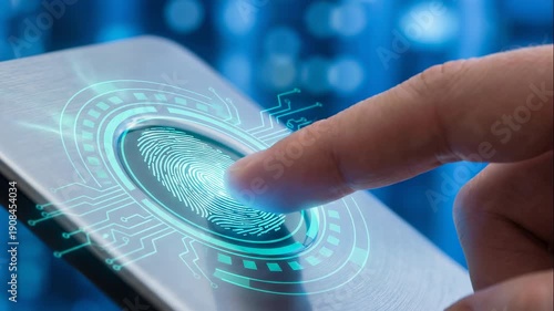Fingerprint authentication on smartphone screen with glowing biometric interface demonstrating secure mobile identity verification animation.