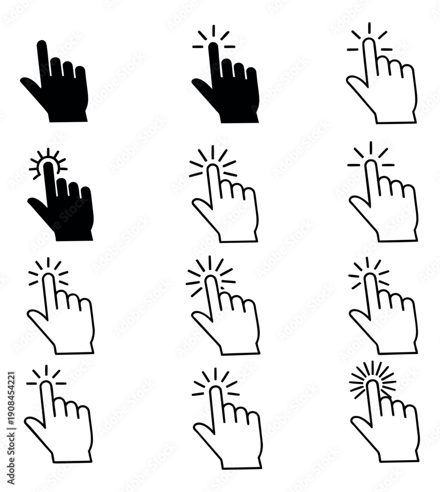 Fototapeta premium Modern hand pointer icon set featuring solid and line art styles depicting click and tap actions for user interface design