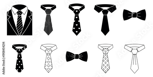 Minimalist line art neckwear icon set featuring various ties, bow ties, and a suit jacket for business, fashion, or celebration designs