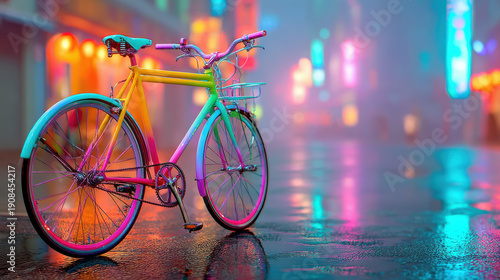 Vibrant neon-lit city street scene featuring a colorful bicycle under glowing neon signs, capturing urban nightlife, outdoor recreation, and trendy cycling lifestyle