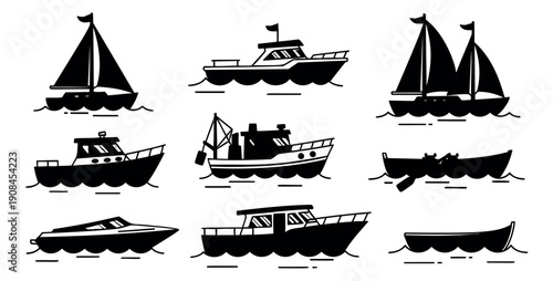 Black silhouette boat set featuring sailboats, speedboats, fishing boats, and rowboats for water travel and recreation