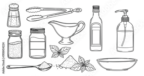 Hand drawn kitchen essentials set featuring various kitchen utensils, condiments, and spices for cooking and food preparation