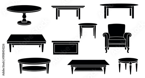 Flat design furniture set featuring various tables and an armchair for home interior decor