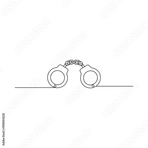Minimalist line drawing depicts a pair of metal handcuffs on a white background